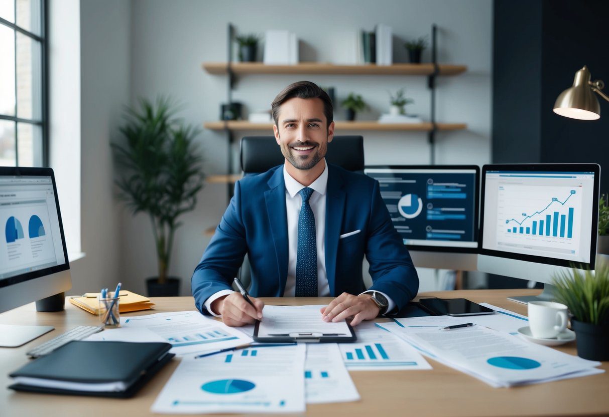 A mortgage broker sitting at a desk surrounded by paperwork and computer screens, researching various mortgage products and options for clients in the UK housing market
