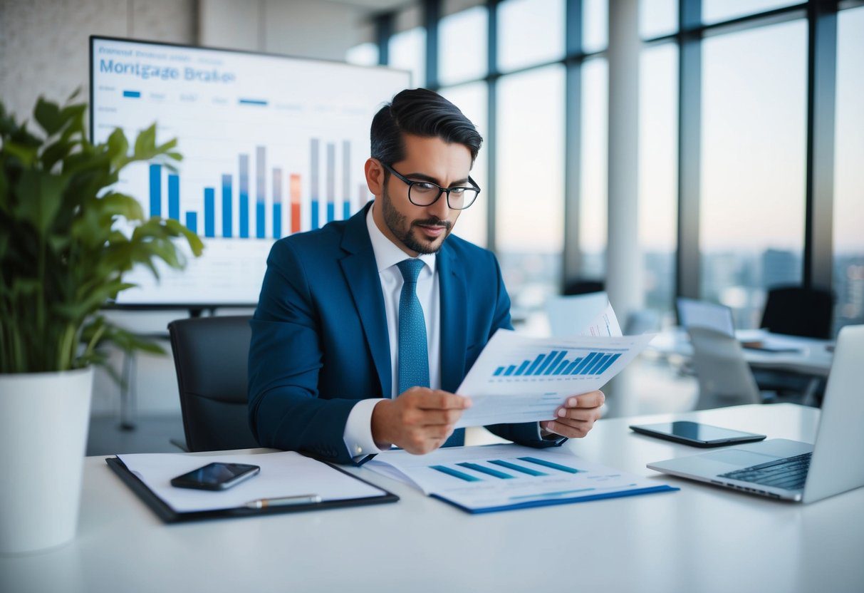 A mortgage broker reviewing financial charts and housing market data in a modern office setting