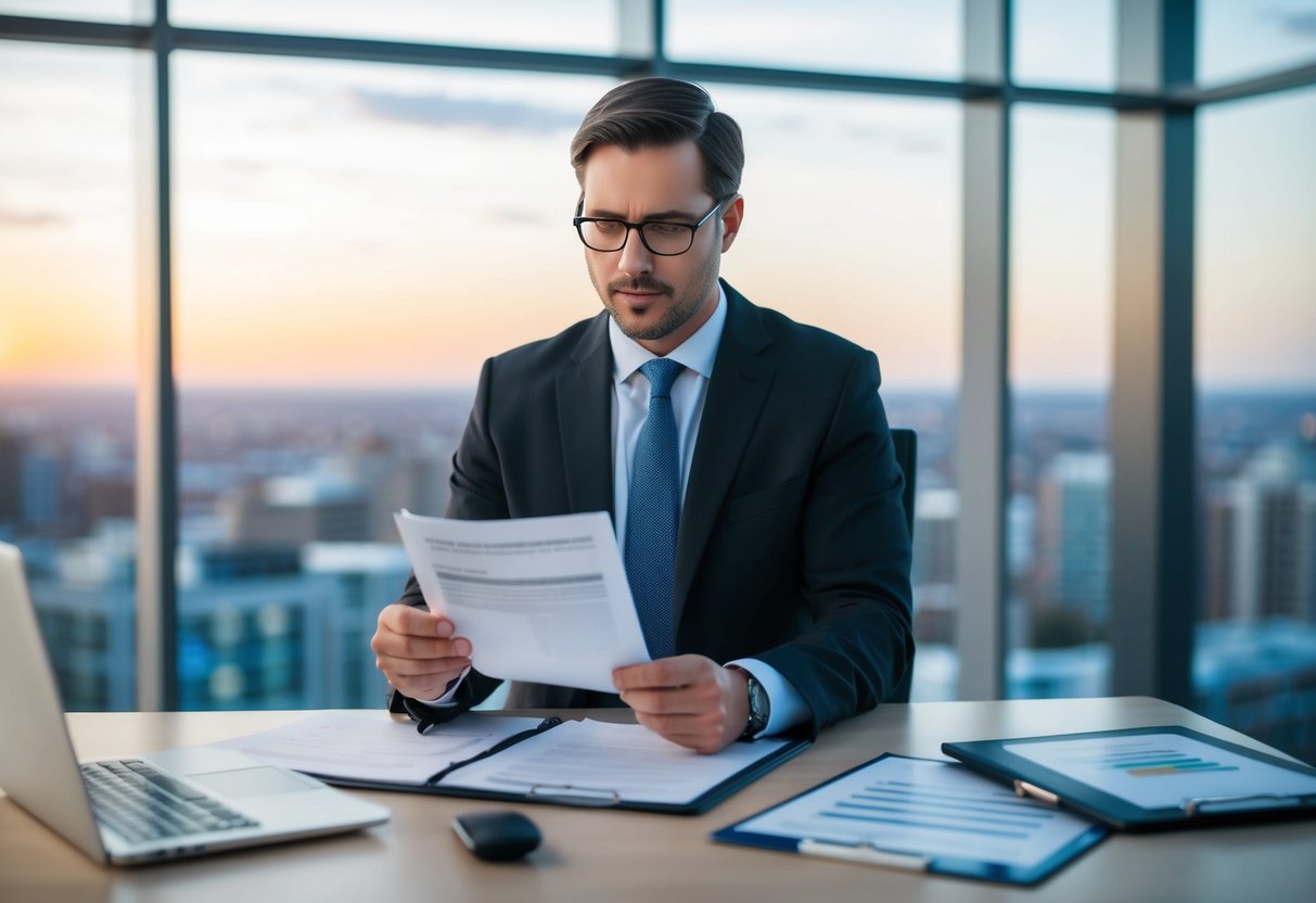 A mortgage broker reviews regulatory documents in a modern office with a view of the UK housing market