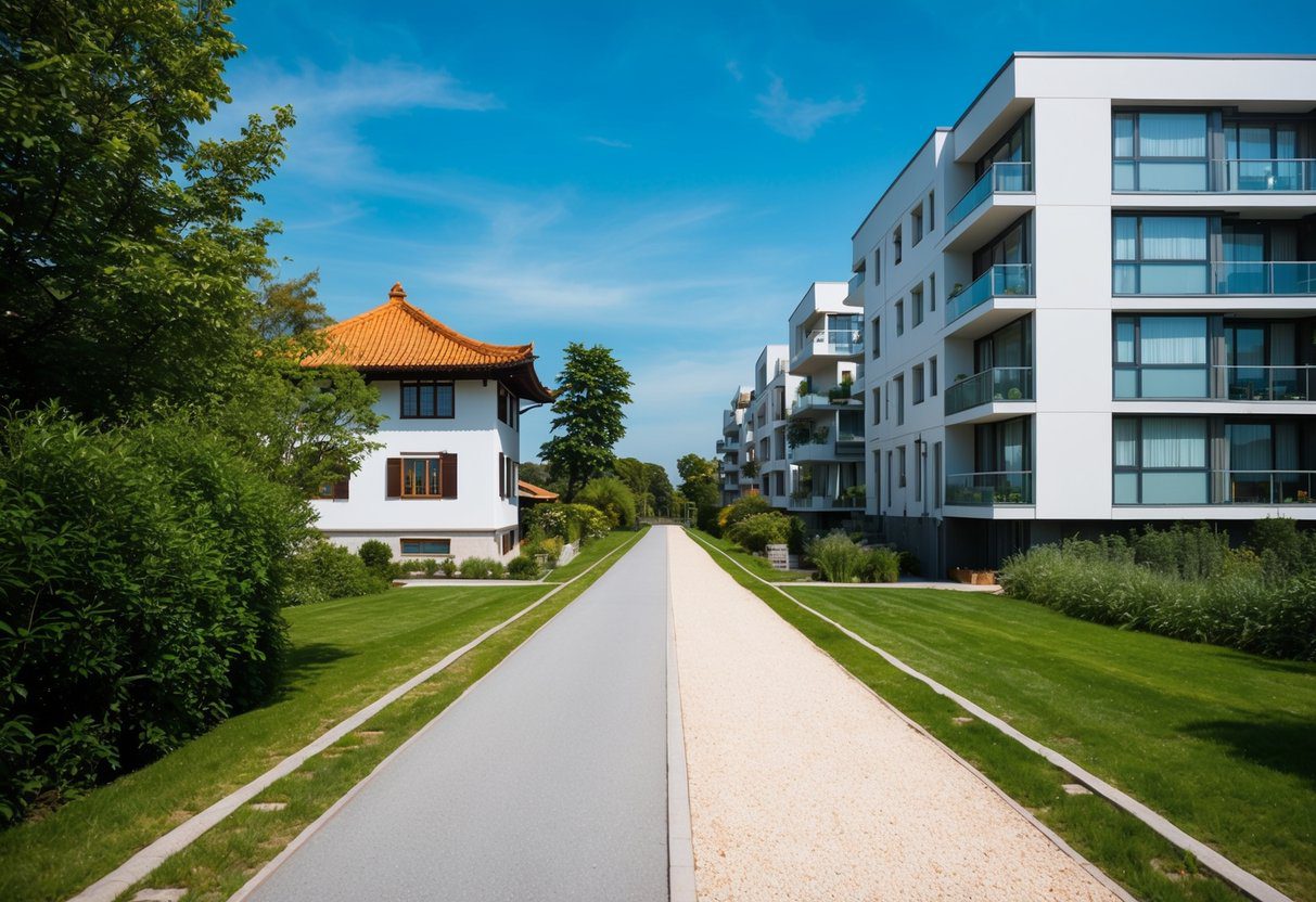 A split pathway with one side leading to a traditional house and the other to a modern apartment building, surrounded by greenery and a clear blue sky
