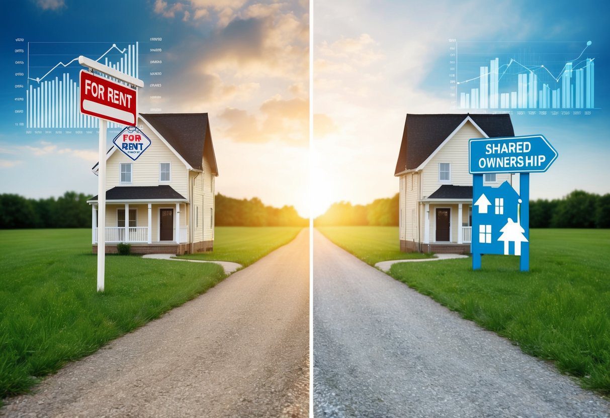 A split pathway with one side leading to a house with a "For Rent" sign and the other to a house with a "Shared Ownership" sign, surrounded by financial charts and graphs