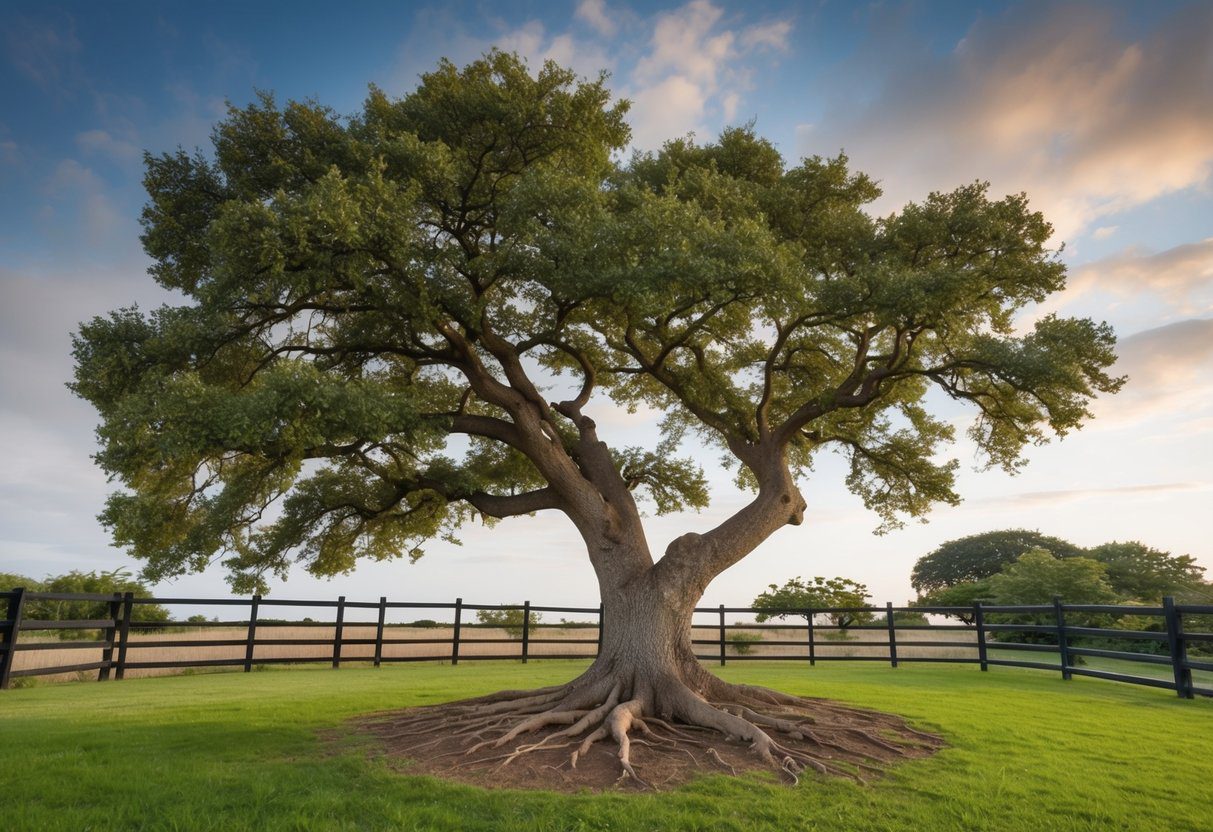 A sturdy oak tree with roots firmly planted in the ground, bending gracefully in the wind, surrounded by a strong fence
