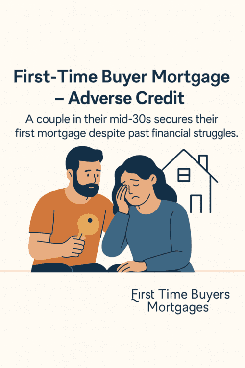 A worried couple in their 30s discussing their past credit issues while holding a key, with a home icon in the background.