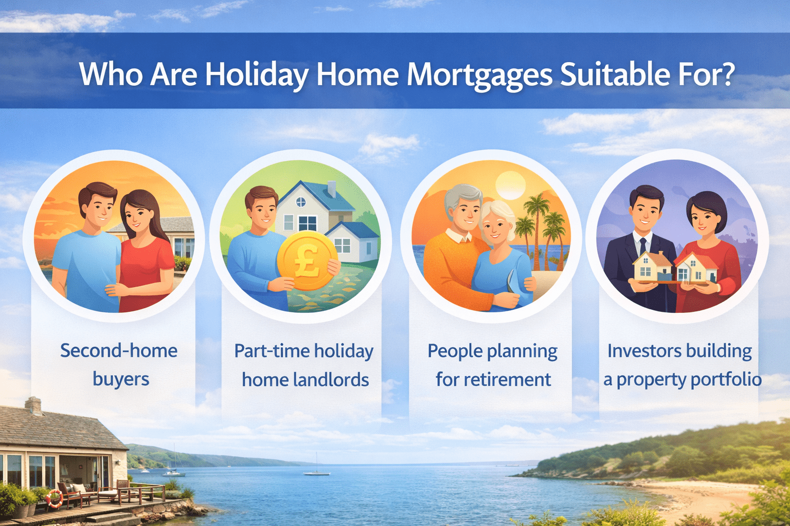 Infographic showing who holiday home mortgages suit: second-home buyers, occasional holiday letting, retirement planning, and property investors.