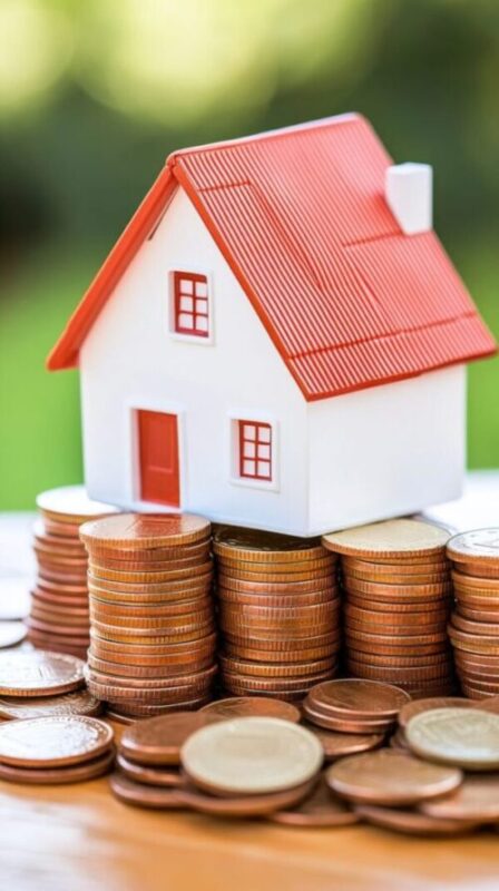 A small model house sitting on stacked coins, representing how lenders assess affordability for a holiday home mortgage.