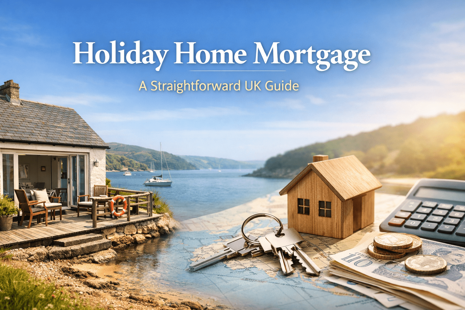 Coastal UK holiday home with mortgage keys and calculator – Holiday Home Mortgage guide.