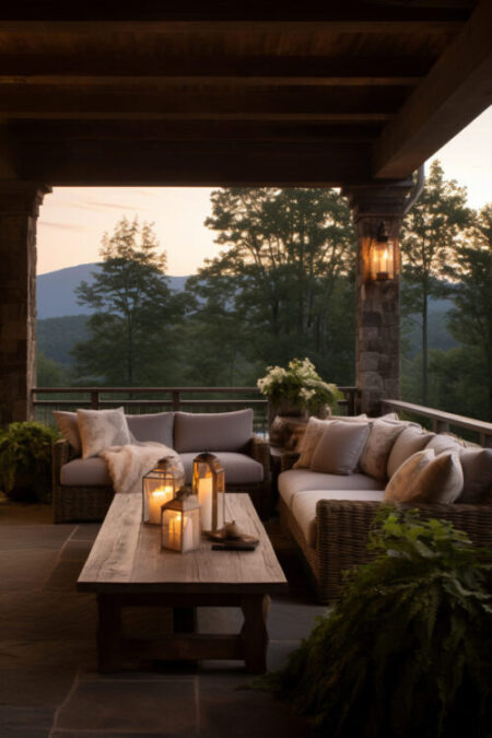 A covered terrace of a UK holiday home with outdoor seating, soft lighting, and countryside views at dusk.