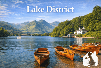 Lake District lake and mountain view with boats – popular UK holiday home location.