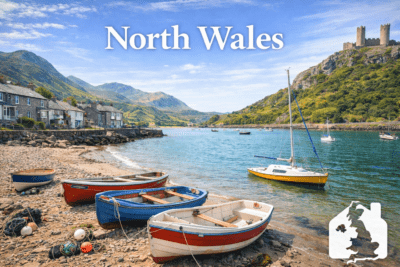North Wales coastal village with boats and mountains – popular UK holiday home location.
