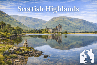 Scottish Highlands loch and mountain scene – popular UK holiday home location.