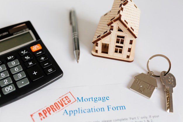 Approved mortgage application with property model, keys and calculator on desk in UK home buying process