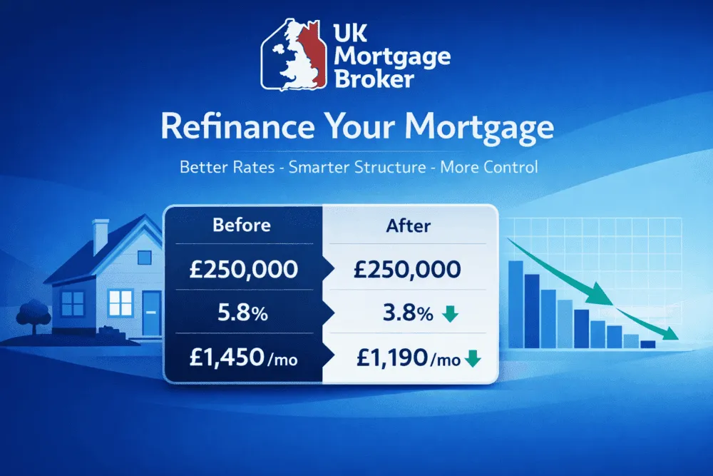 Refinance Mortgage UK Rates Comparison Illustration Refinance mortgage UK example showing lower interest rate and reduced monthly payments after switching lenders