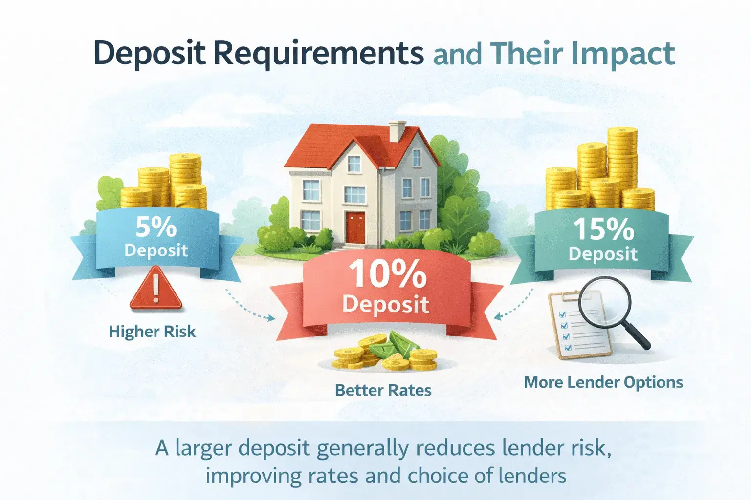 infographic showing how deposit size affects first-time buyer mortgage options - 5% higher risk, 10% better rates, 15% more lender options