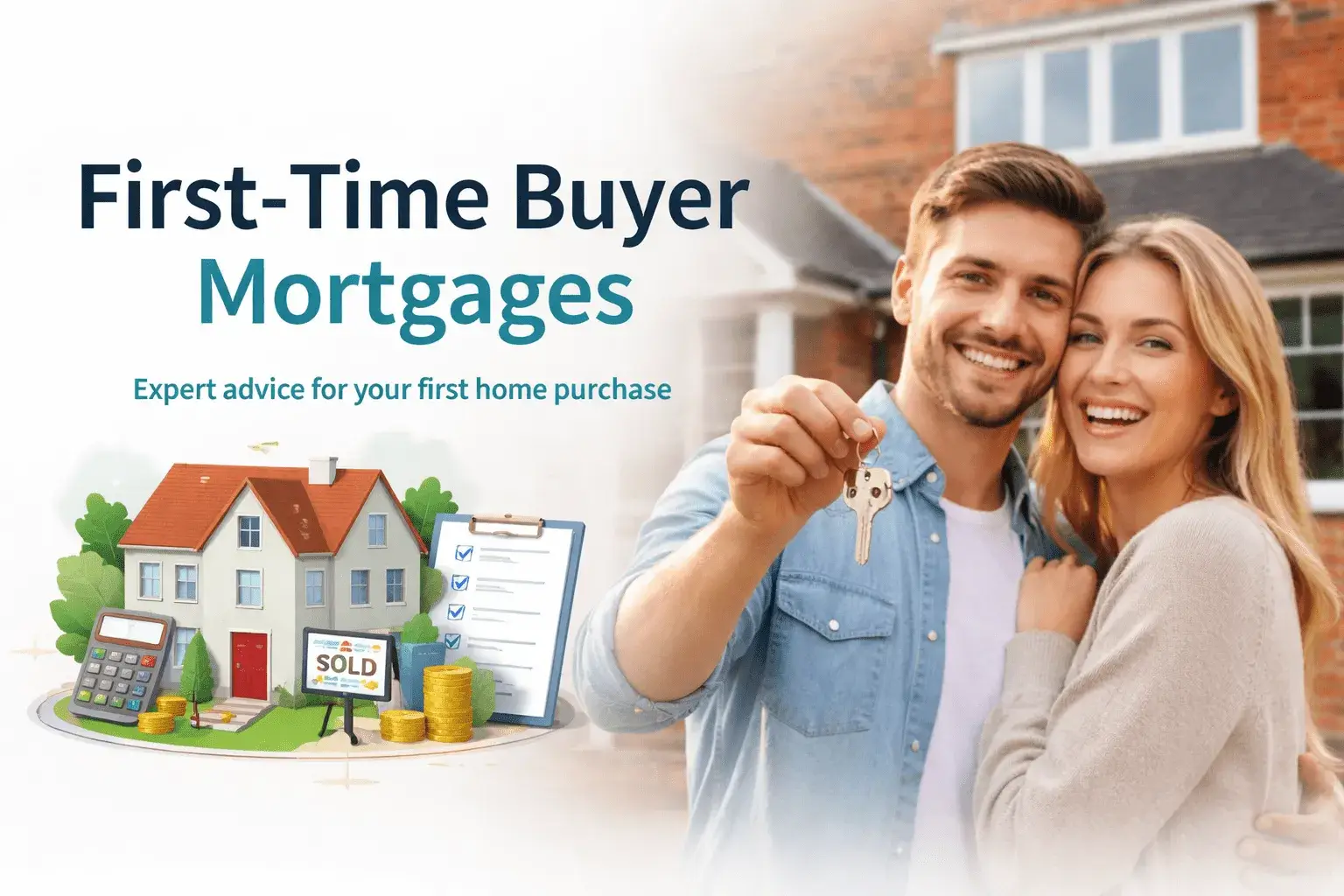 First-time buyers holding house keys outside a new home representing first-time buyer mortgages in the UK