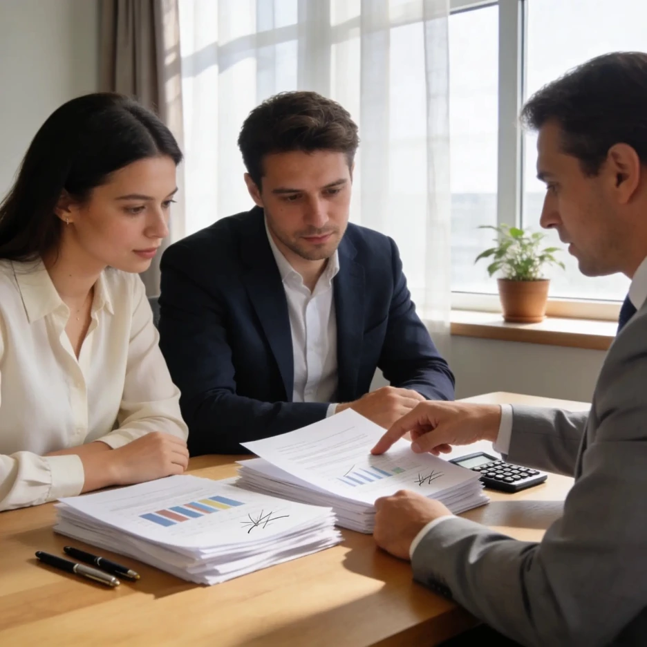 couple meeting with mortgage broker reviewing remortgage documents and financial charts