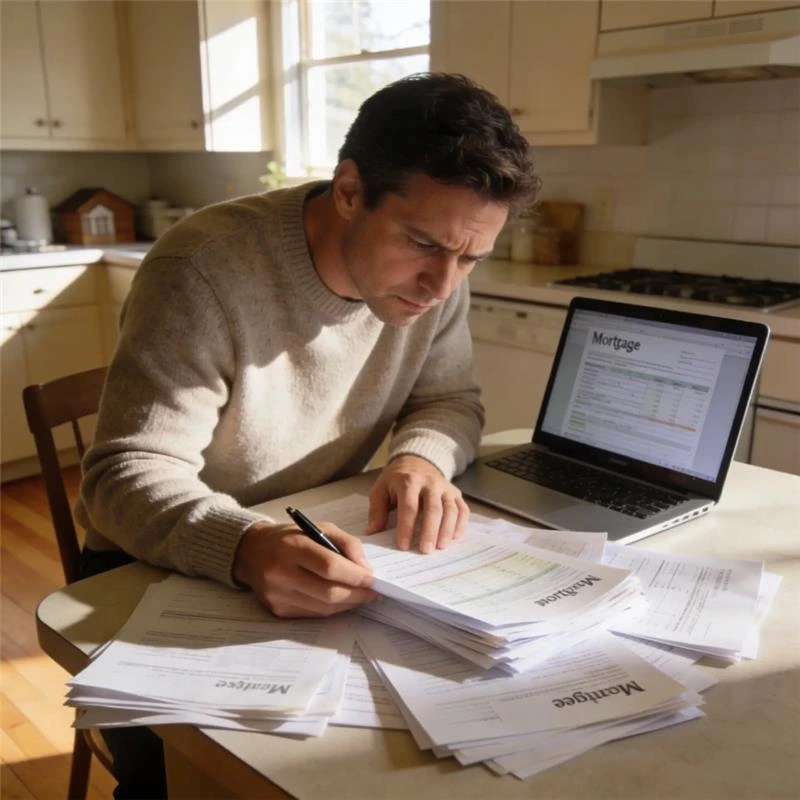 homeowner reviewing mortgage documents and laptop at kitchen table considering early remortgage
