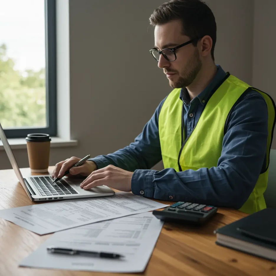 self-employed contractor reviewing financial documents and laptop for UK mortgage income assessment
