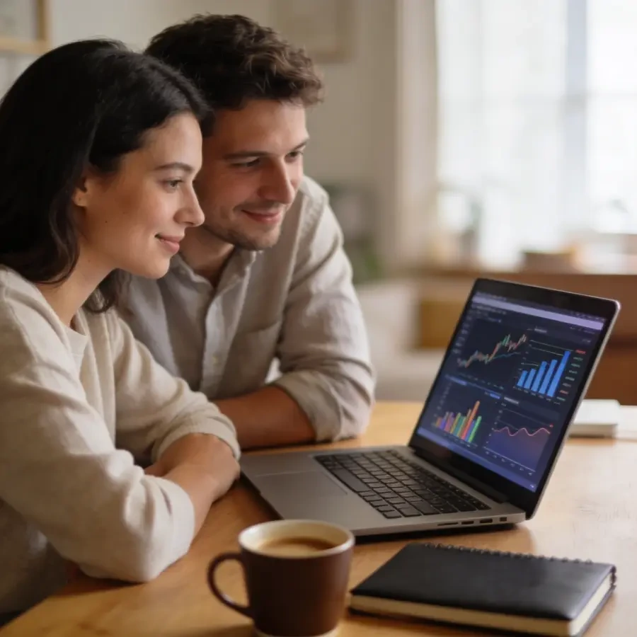 Couple at home desk reviewing financial rate charts on a laptop representing tracker mortgage rate comparison