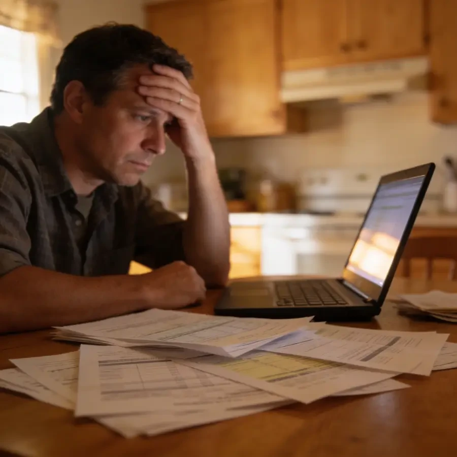 Stressed homeowner at kitchen table with documents and laptop representing financial pressure from rising tracker mortgage rates