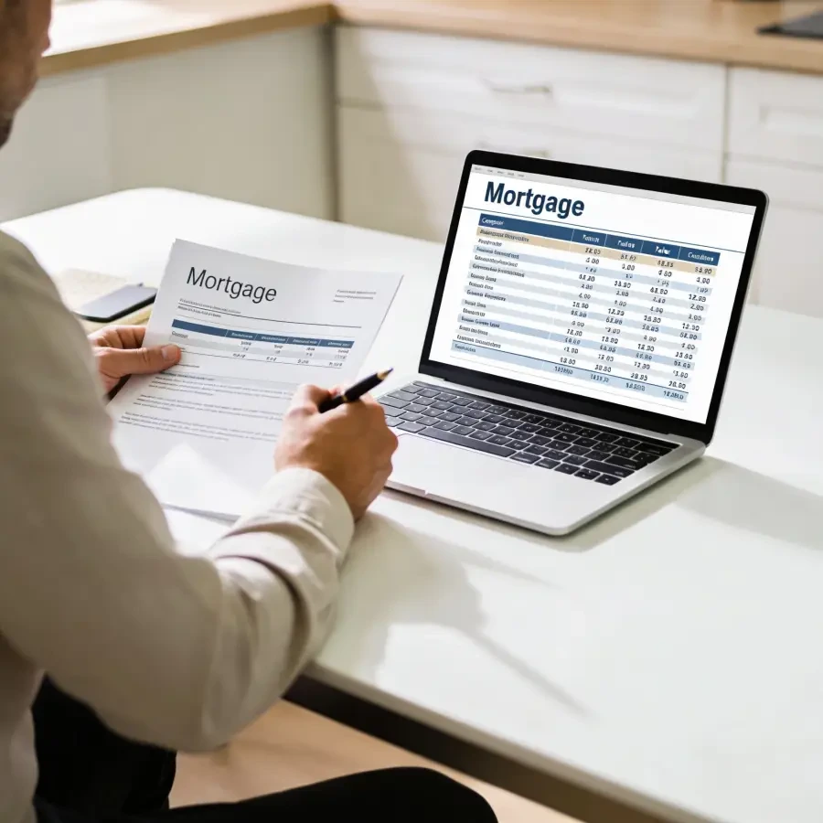 Person reviewing mortgage documents at a kitchen desk with a laptop showing a mortgage rate comparison