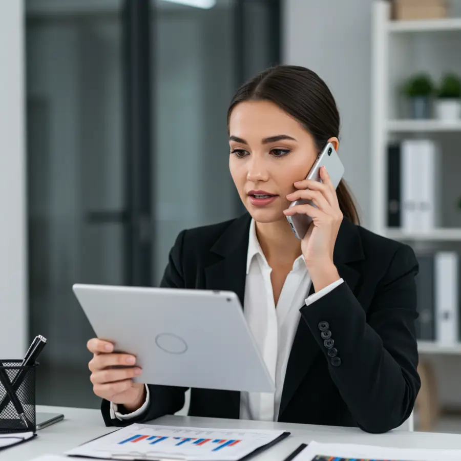 female UK mortgage broker on phone reviewing financial data on tablet