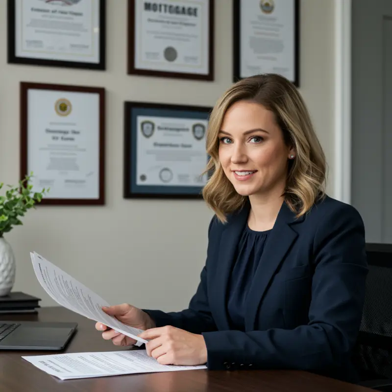 female mortgage broker advisor UK reviewing mortgage documents