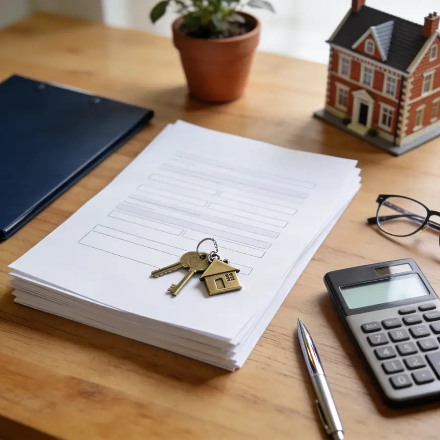 UK Mortgage Application Documents and Preparation Blank UK mortgage application paperwork with brass keys calculator and model house on a wooden desk