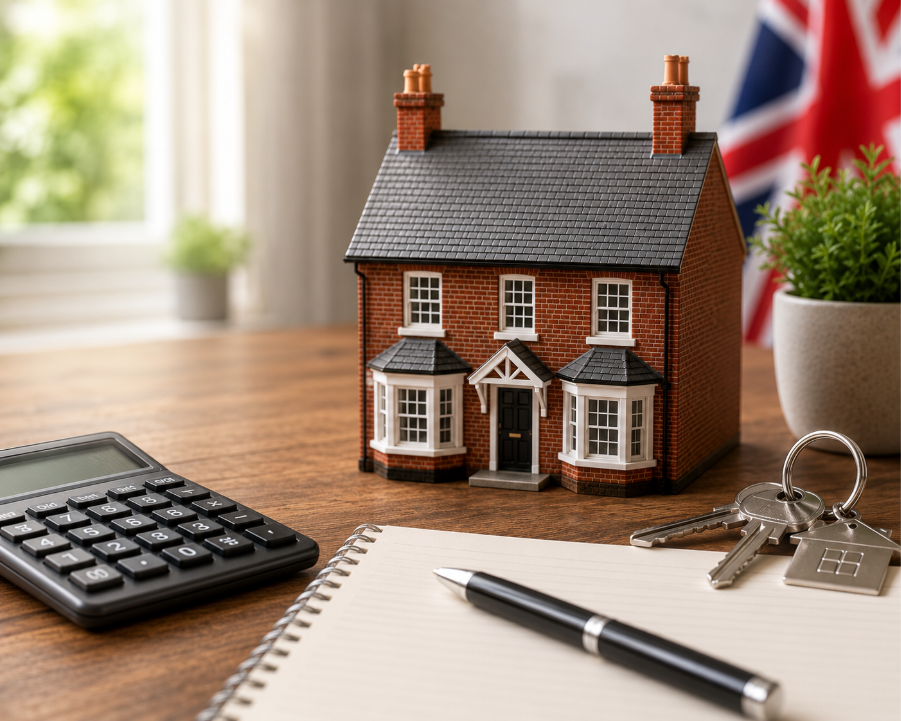 UK Mortgage Eligibility and Property Affordability Model UK home with calculator, keys, and notebook representing UK mortgage eligibility and affordability planning