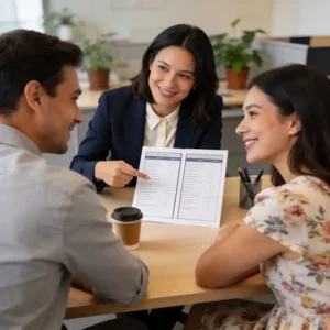 Mortgage broker presenting fixed vs tracker rate comparison to couple during consultation