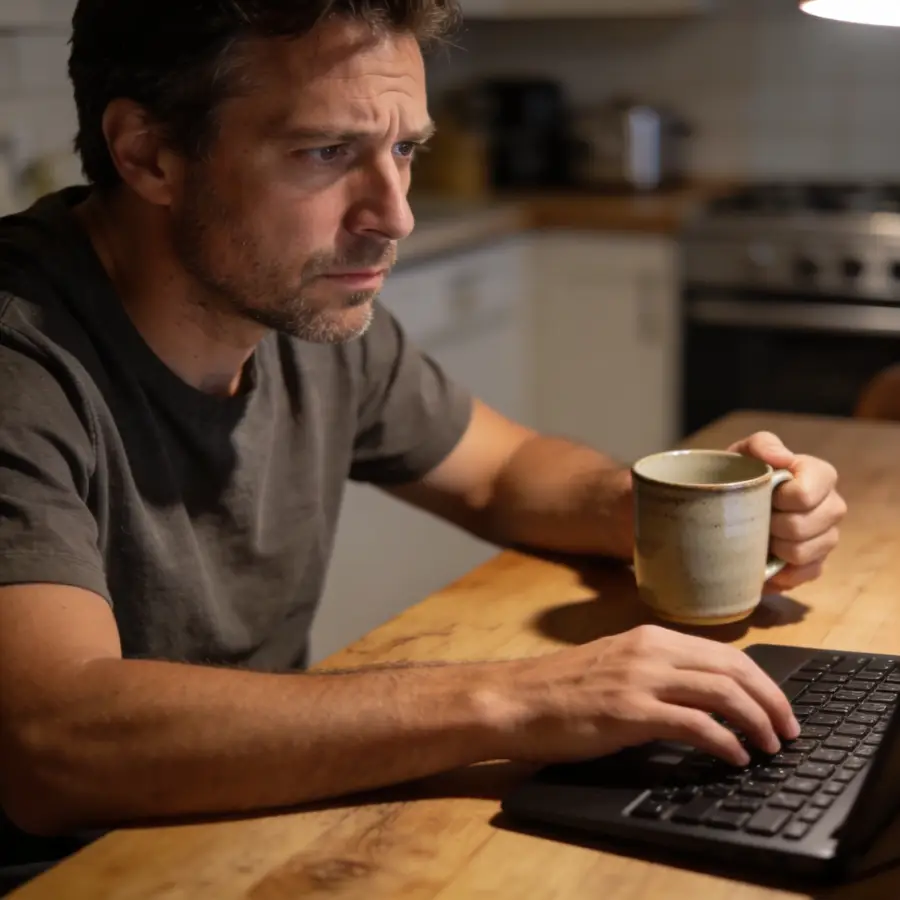 Man researching fixed vs tracker mortgage options at kitchen table