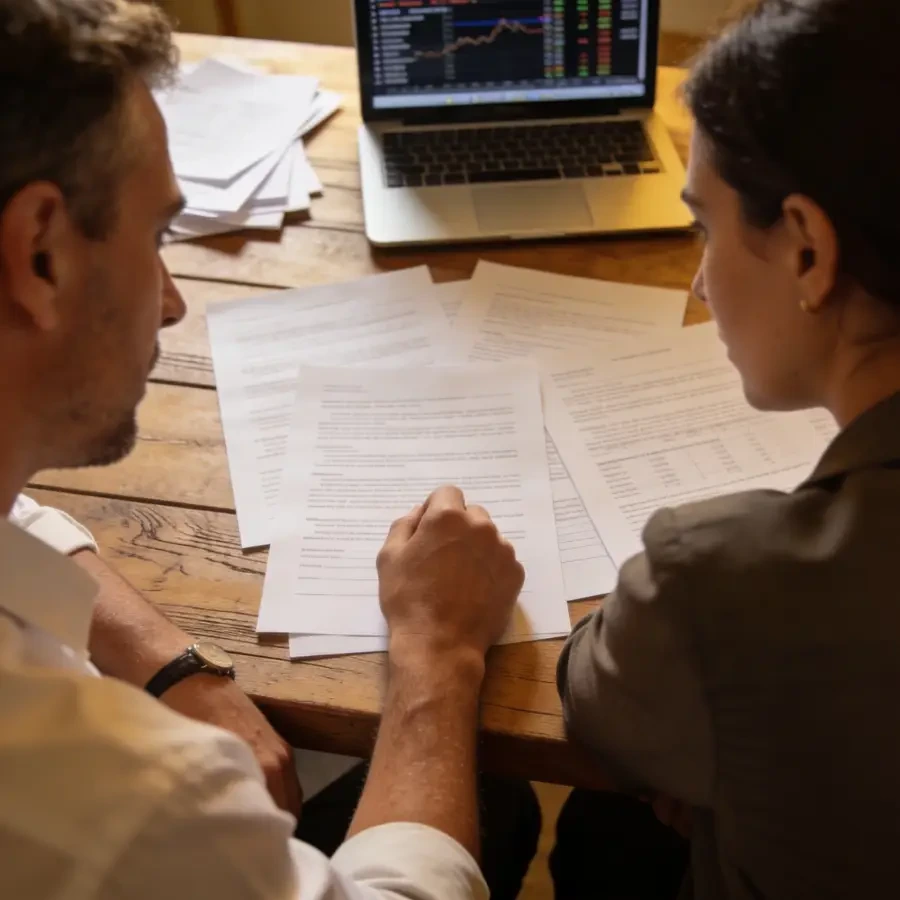 Buyer and advisor reviewing leasehold property documents at a desk