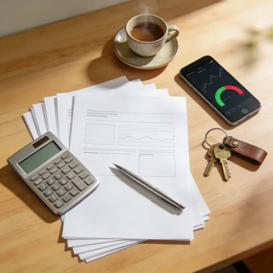 Calculator with mortgage affordability documents brass keys and smartphone gauge representing UK lender affordability assessment process
