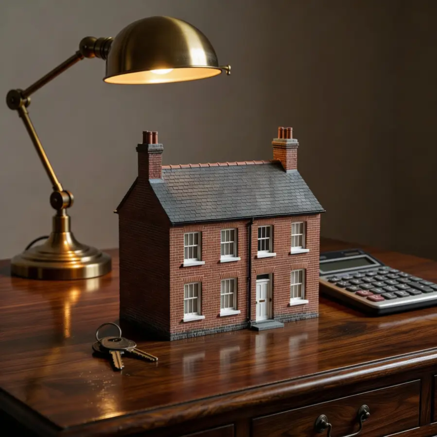 Model classic British home with brass house keys and calculator representing successful UK mortgage affordability approval and property completion