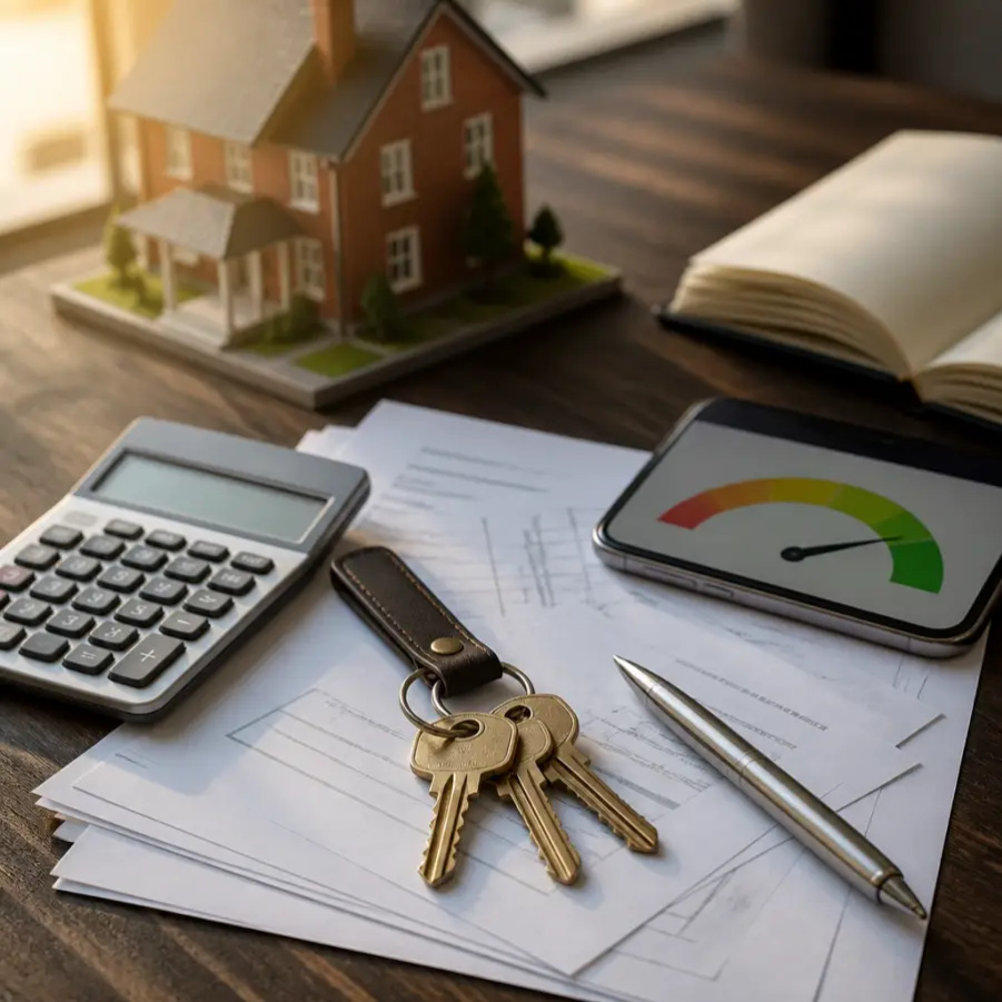 Model UK home with brass keys calculator and affordability gauge representing UK mortgage affordability assessment