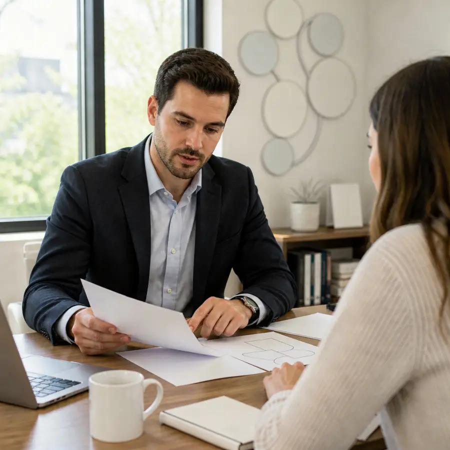 Mortgage broker reviewing borrowing capacity documents with homebuyer at desk