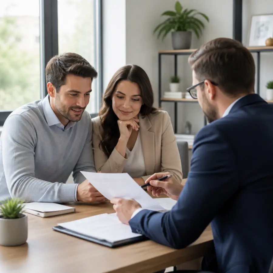 Couple reviewing mortgage rate options with specialist broker at desk