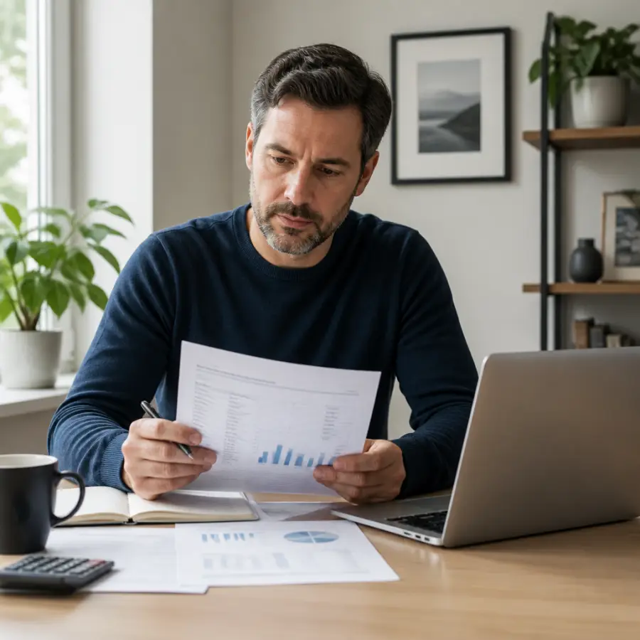 Homeowner reviewing mortgage rate documents at desk with laptop