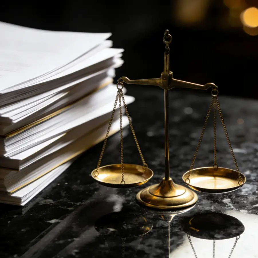 Brass balance scale with document stack on black marble surface representing remortgage versus product transfer mortgage comparison