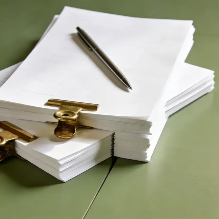 Two document stacks with brass clips and silver pen on sage green surface representing remortgage and product transfer mortgage comparison