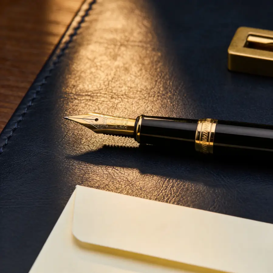 Fountain pen with gold nib on midnight navy leather surface representing remortgage mortgage decision for UK homeowners