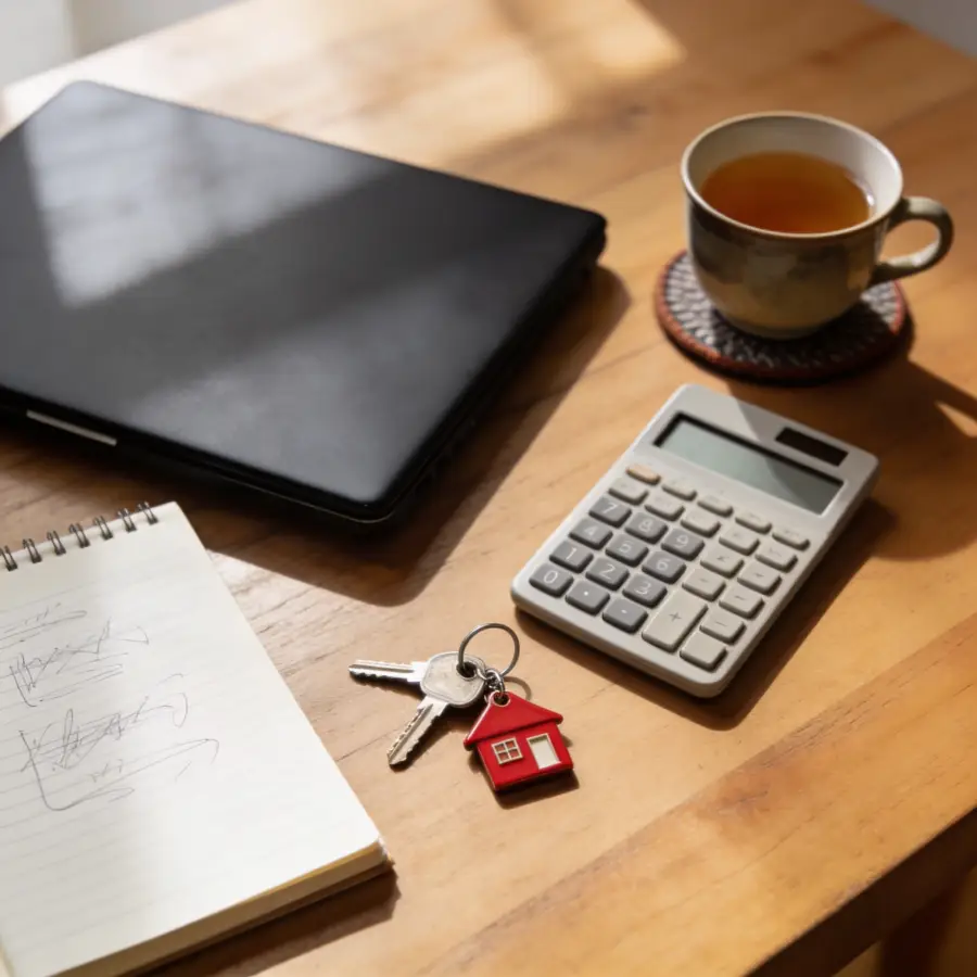 Closed laptop, calculator, notebook and house keys on a wooden table representing residential mortgage affordability planning