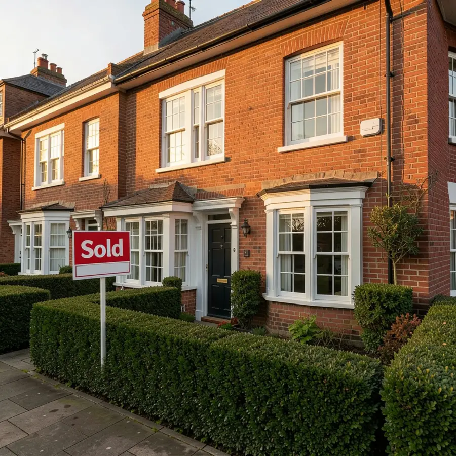 UK suburban home with Sold sign after successful residential mortgage application