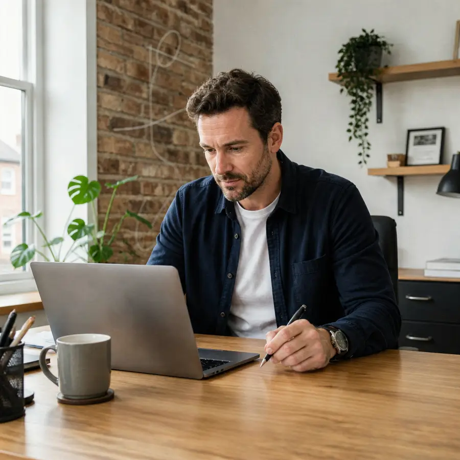 Self-employed professional working from a UK home office reviewing finances on a laptop