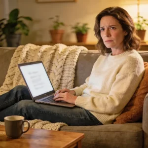 Woman checking mortgage rate news on laptop at home with concerned expression