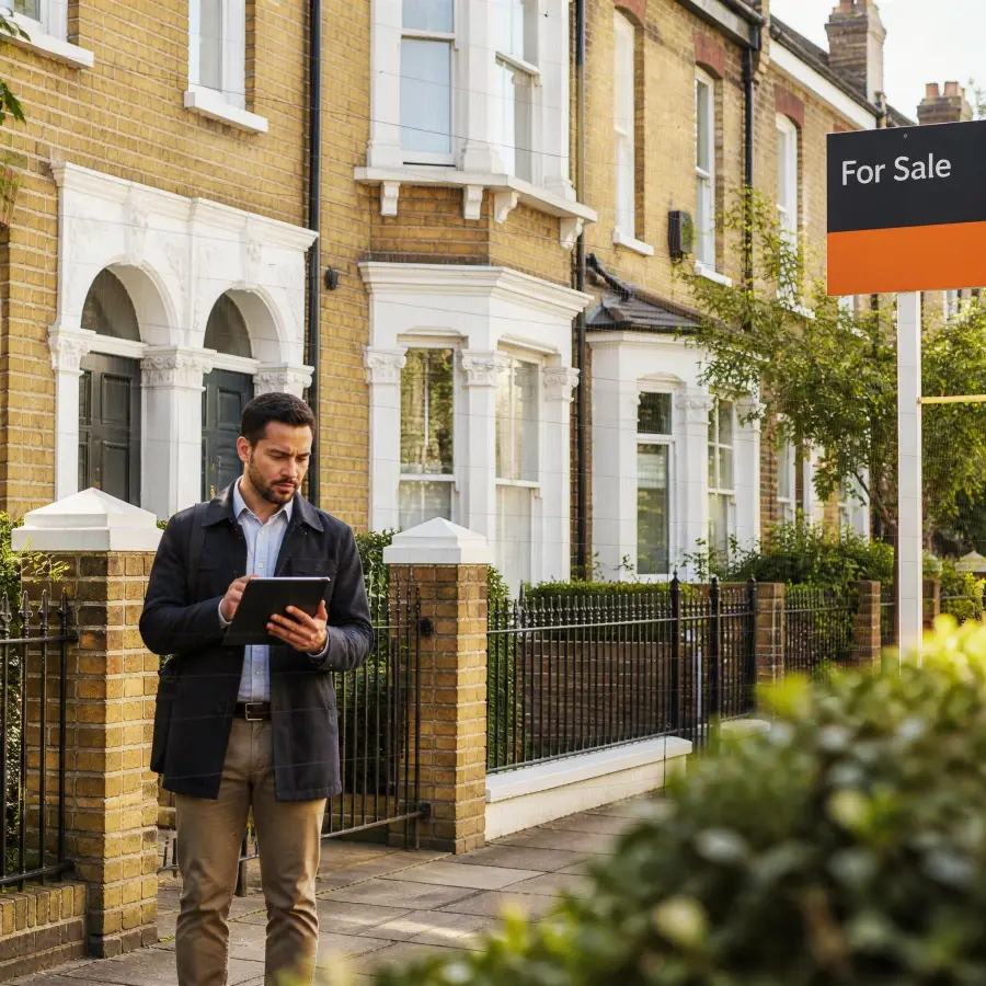 Professional investor reviewing buy-to-let property with tablet
