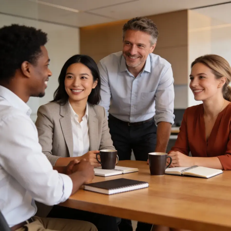 Diverse team of mortgage professionals in engaged meeting discussion