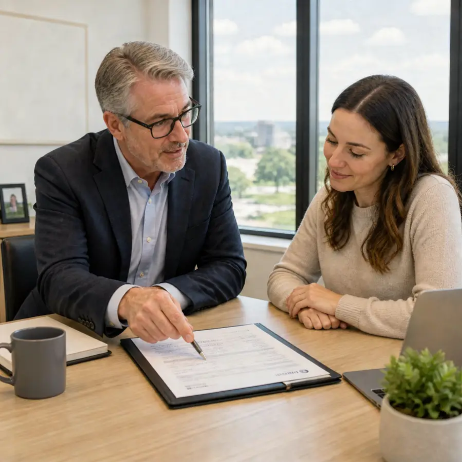 Mortgage broker explaining application options to client during consultation 