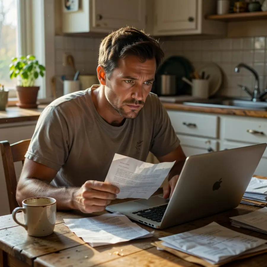 Man reviewing mortgage documents at kitchen table after application decline 
