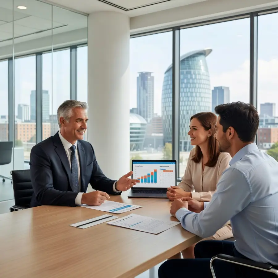 Mortgage broker presenting financial options to a couple in a modern Birmingham office with city skyline in background