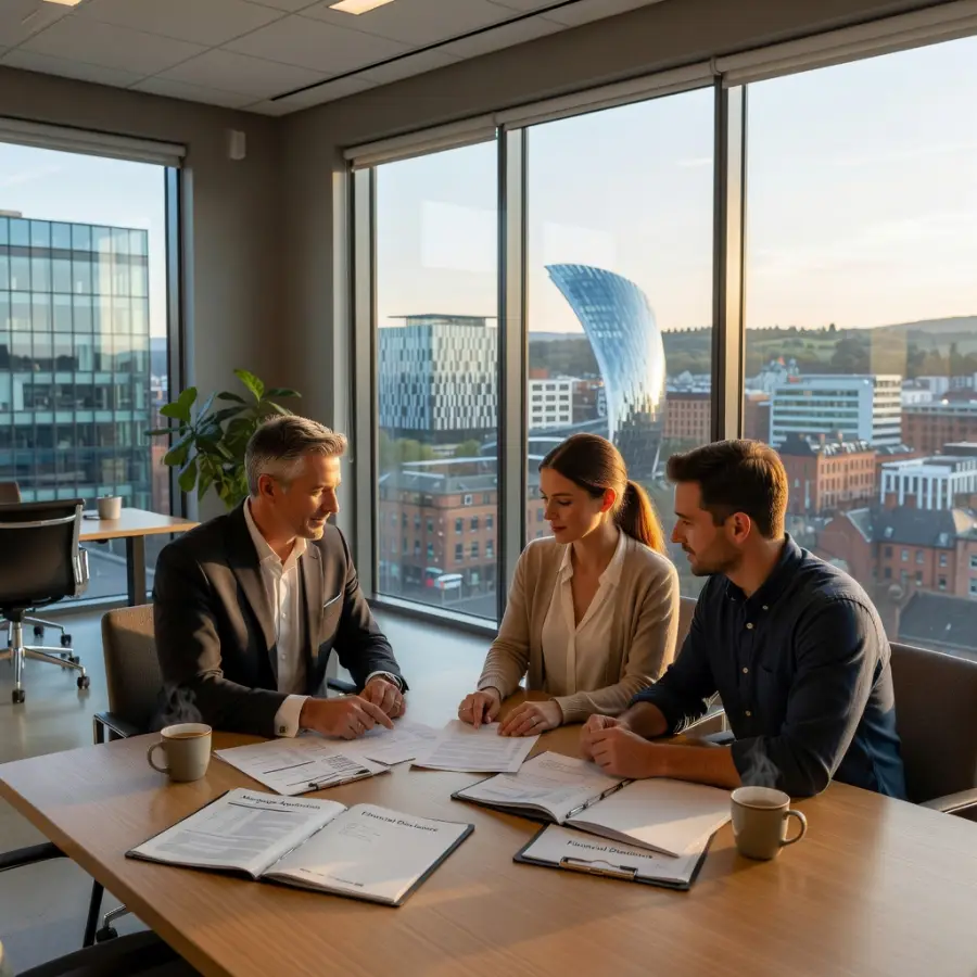 Mortgage broker consultation in Sheffield with city skyline and South Yorkshire hills in background